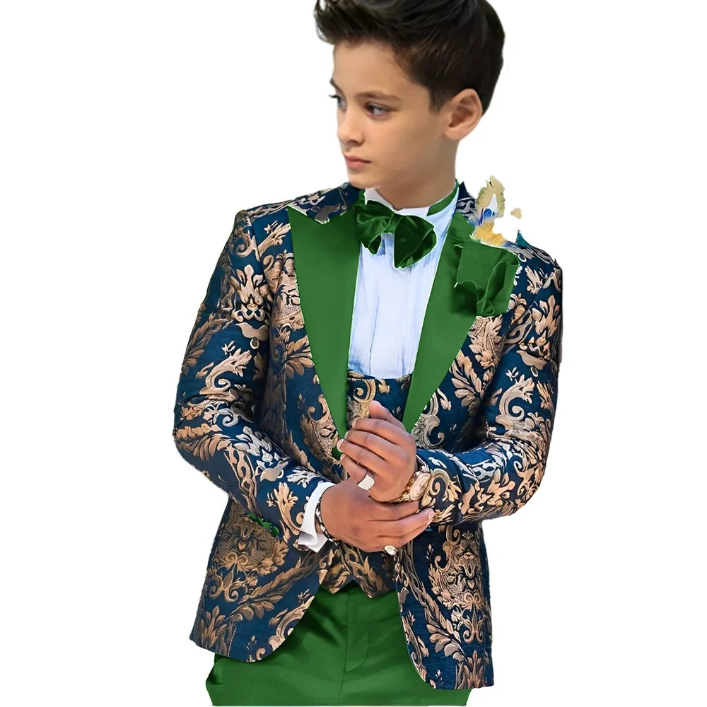 Showlu Fashion floral boy wedding suit with jacket, vest, and pants for kids aged 2-16, perfect for special occasions.