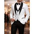 Men's black tuxedo suit set with shawl lapel dinner jacket, dress shirt, and trousers, ideal for formal galas and prom events.