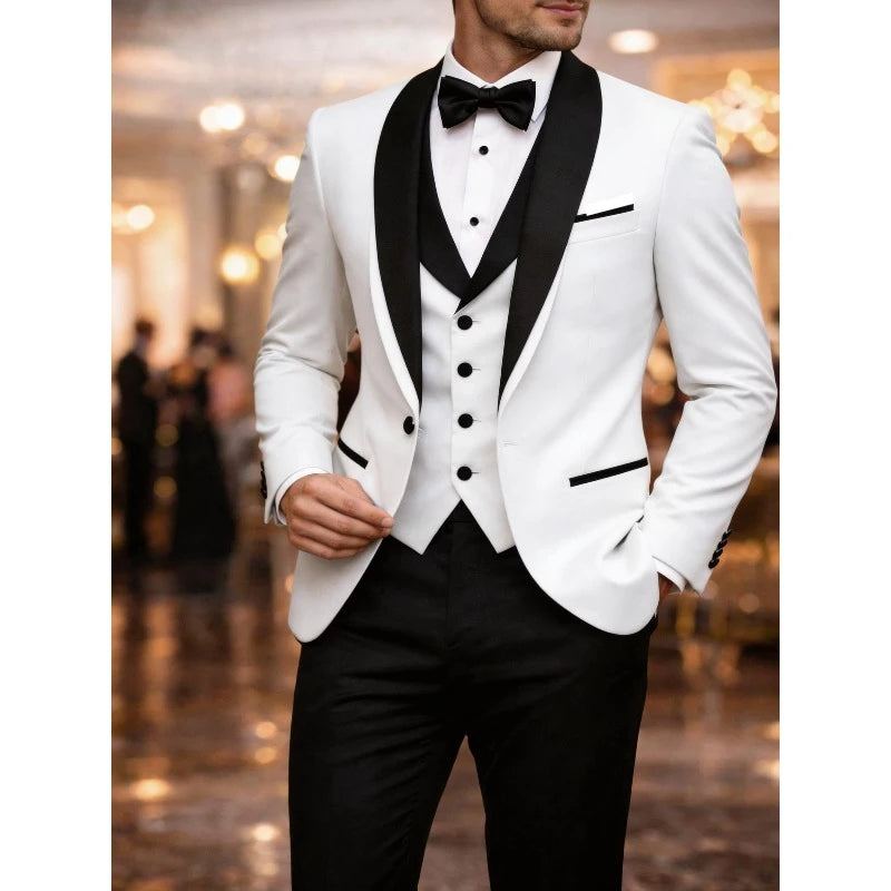 Men's black tuxedo suit set with shawl lapel dinner jacket, dress shirt, and trousers, ideal for formal galas and prom events.
