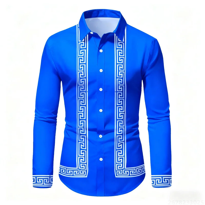 Men's retro geometric print long-sleeve shirt in black and white, slim fit casual top with color-block design by Showlu Fashion Store