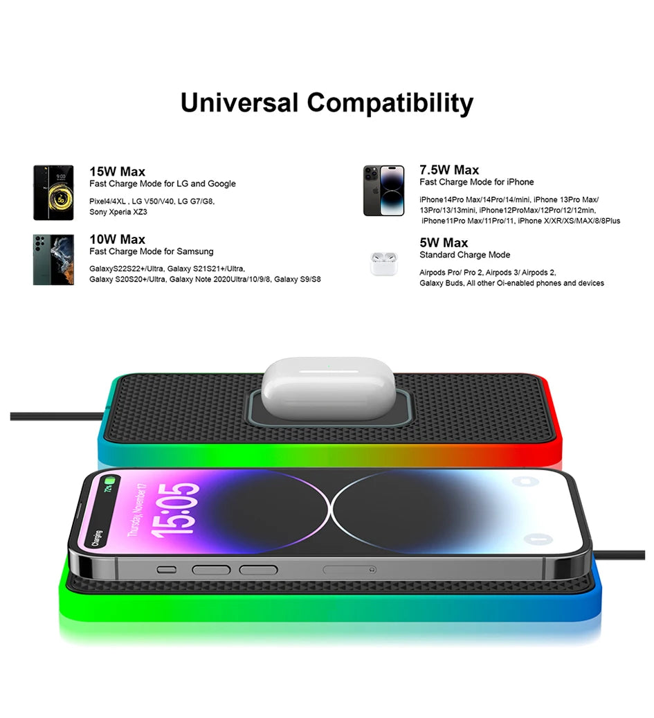 Showlu Smart General Brorikoy 15W Qi wireless car charger with silicone pad, designed for secure phone charging in vehicles.
