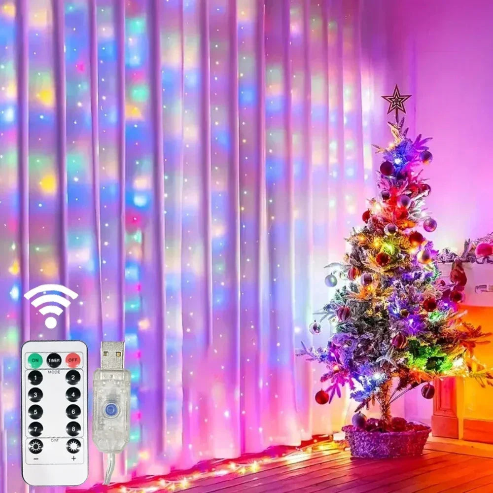 Showlu Smart General LED curtain fairy lights hanging with warm glow, ideal for decorative indoor or outdoor lighting.