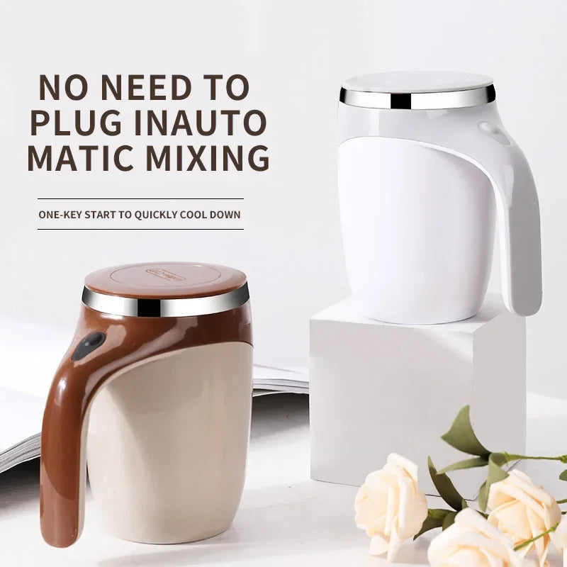 Showlu self-stirring coffee mug made of stainless steel with automatic mixing feature, shown with a sleek design and lid.