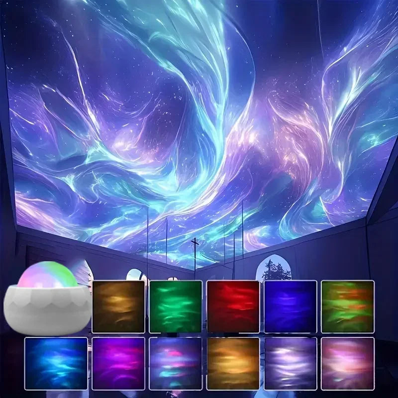Showlu Smart Aurora Borealis Projector displaying vibrant green and purple northern lights on a dark room wall.