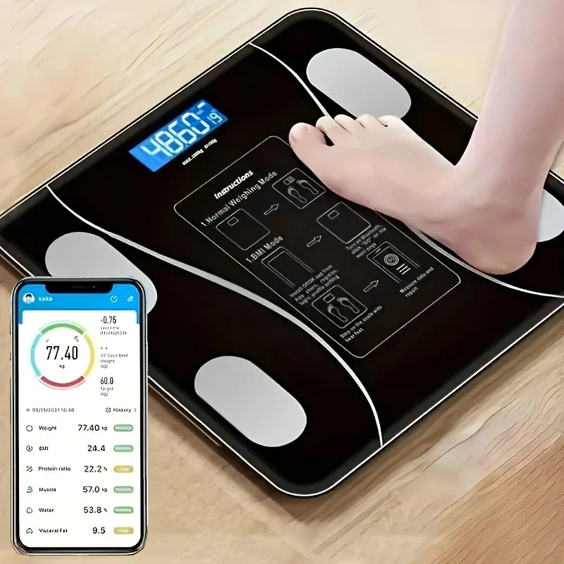 Showlu Digital Body Weight Scale with LED backlit display and 400lb capacity, shown on a bathroom floor.