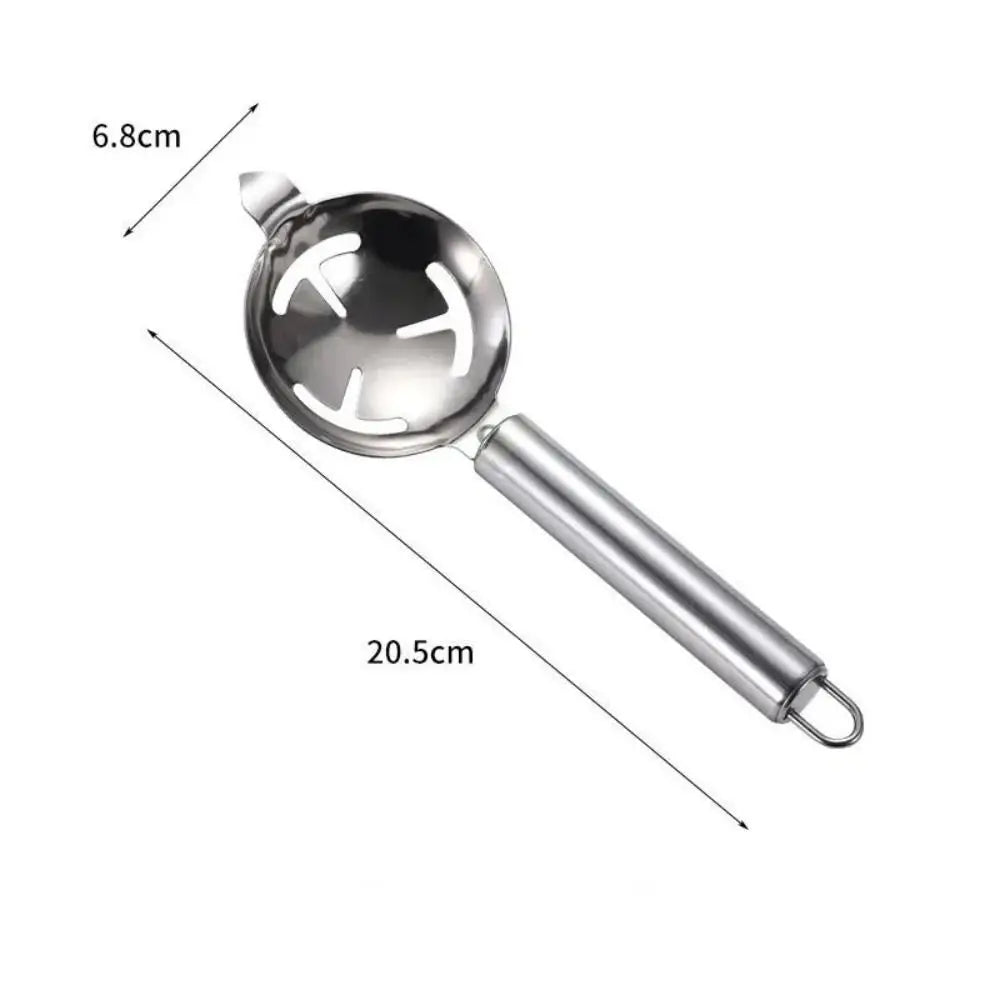 Long handle stainless steel egg separator with extended lug, silver finish, professional design, hangable yolk filter for kitchen use