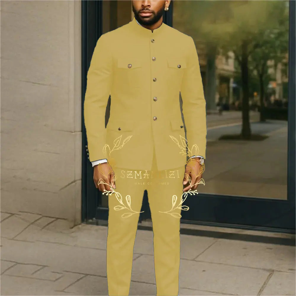 Showlu Fashion men's white tuxedo suit with stand collar, single-breasted blazer and matching pants, perfect for business or wedding events.