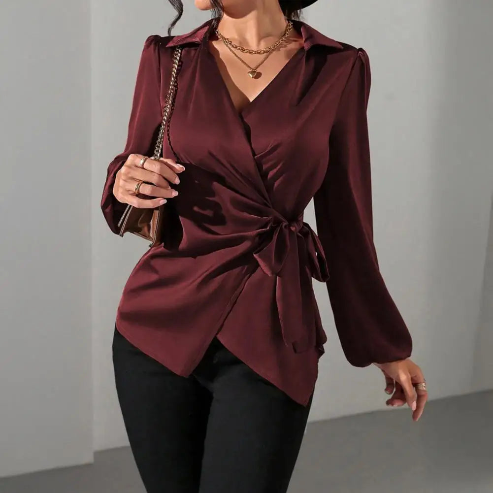 White lace-up waist blouse with irregular long sleeves, stylish women's tunic by Showlu Fashion Store