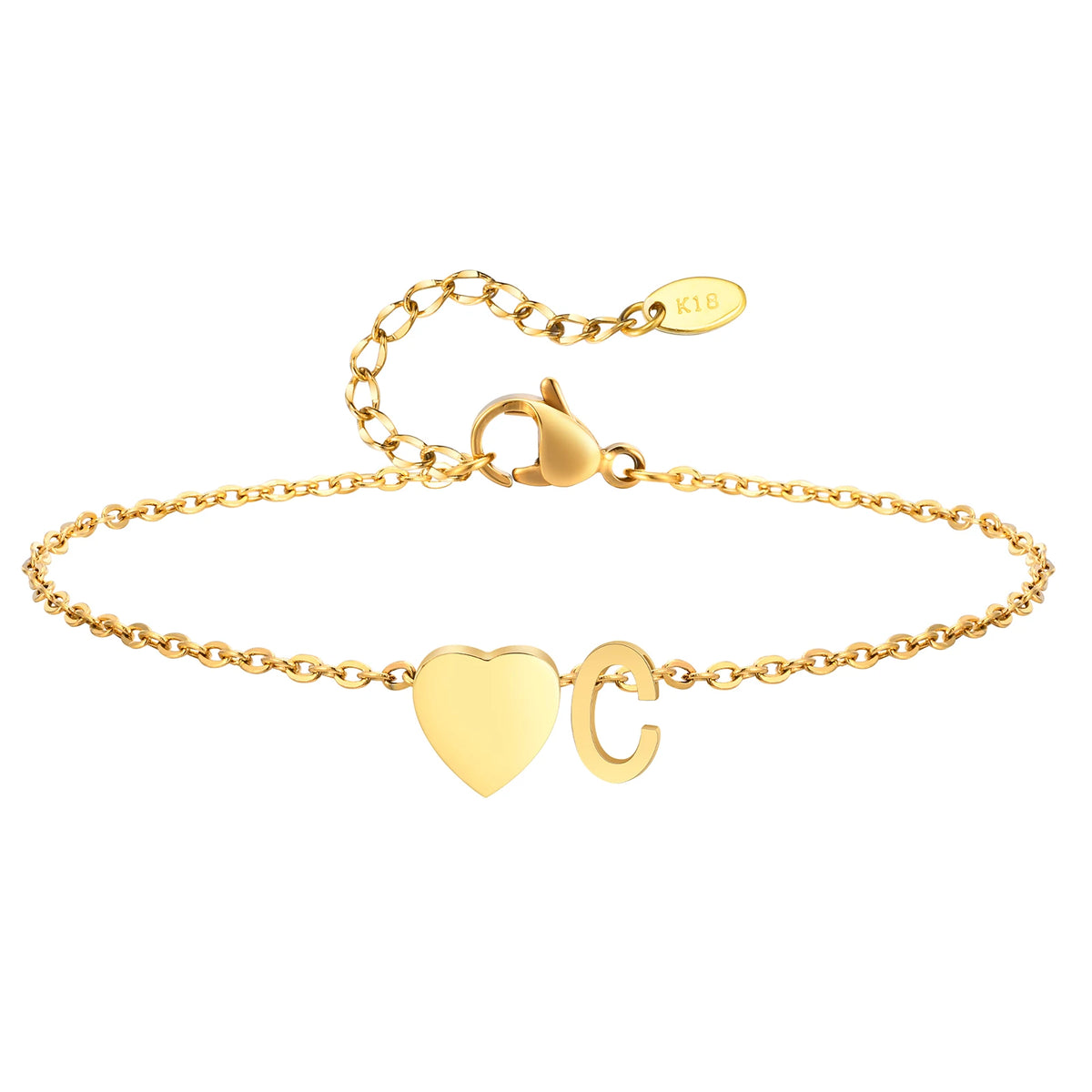 Women’s heart initial anklet bracelet with adjustable beach chain, hypoallergenic stainless steel, personalized name design.