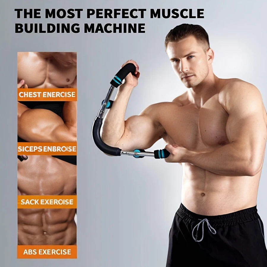 Showlu stainless steel adjustable chest and arm trainer fitness tool with handles and straps for strength training exercises.