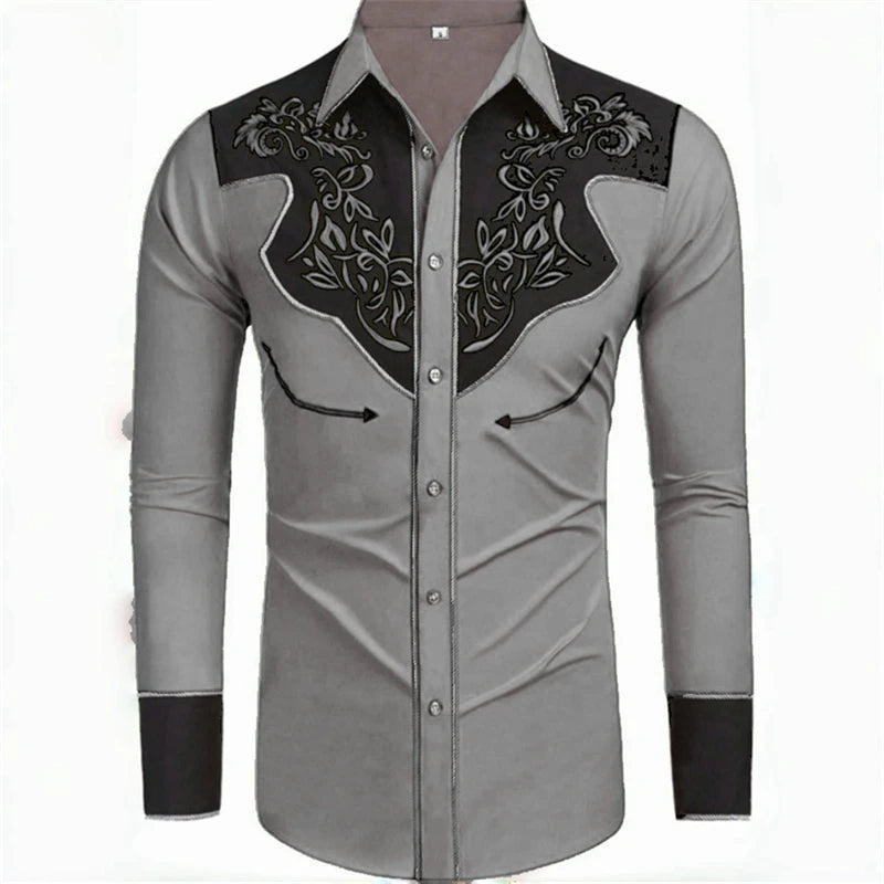 Showlu Fashion men's long-sleeved retro western denim shirt in large size with loose fit and soft fabric, casual casual casual style