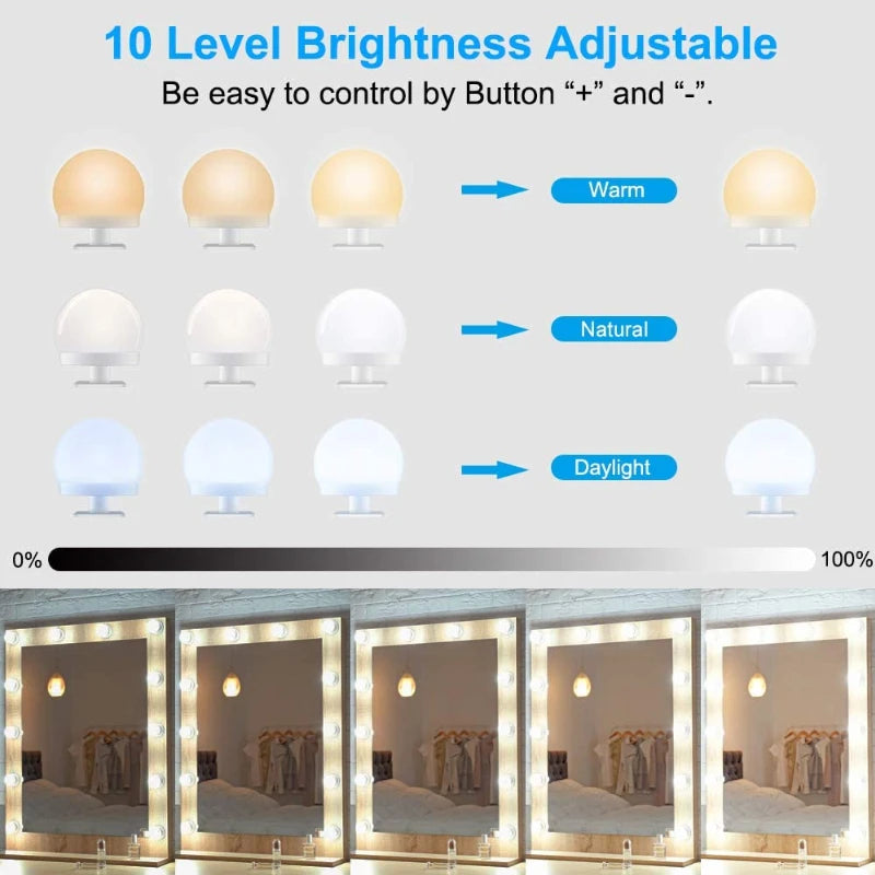 Digitaling LED vanity mirror lights by My Store, dimmable 12V USB makeup bulbs, shown with bright LED bulbs for vanity lighting.