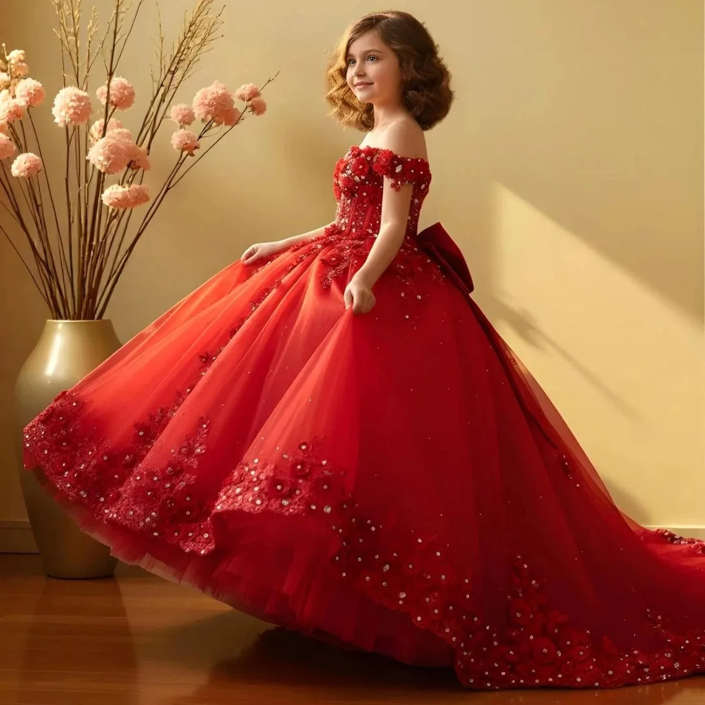Customized Wedding Birthday Prom Party Red Flower Girl Dress Tulle Floral Appliques With Bow For Evening Banquet Princess Gown