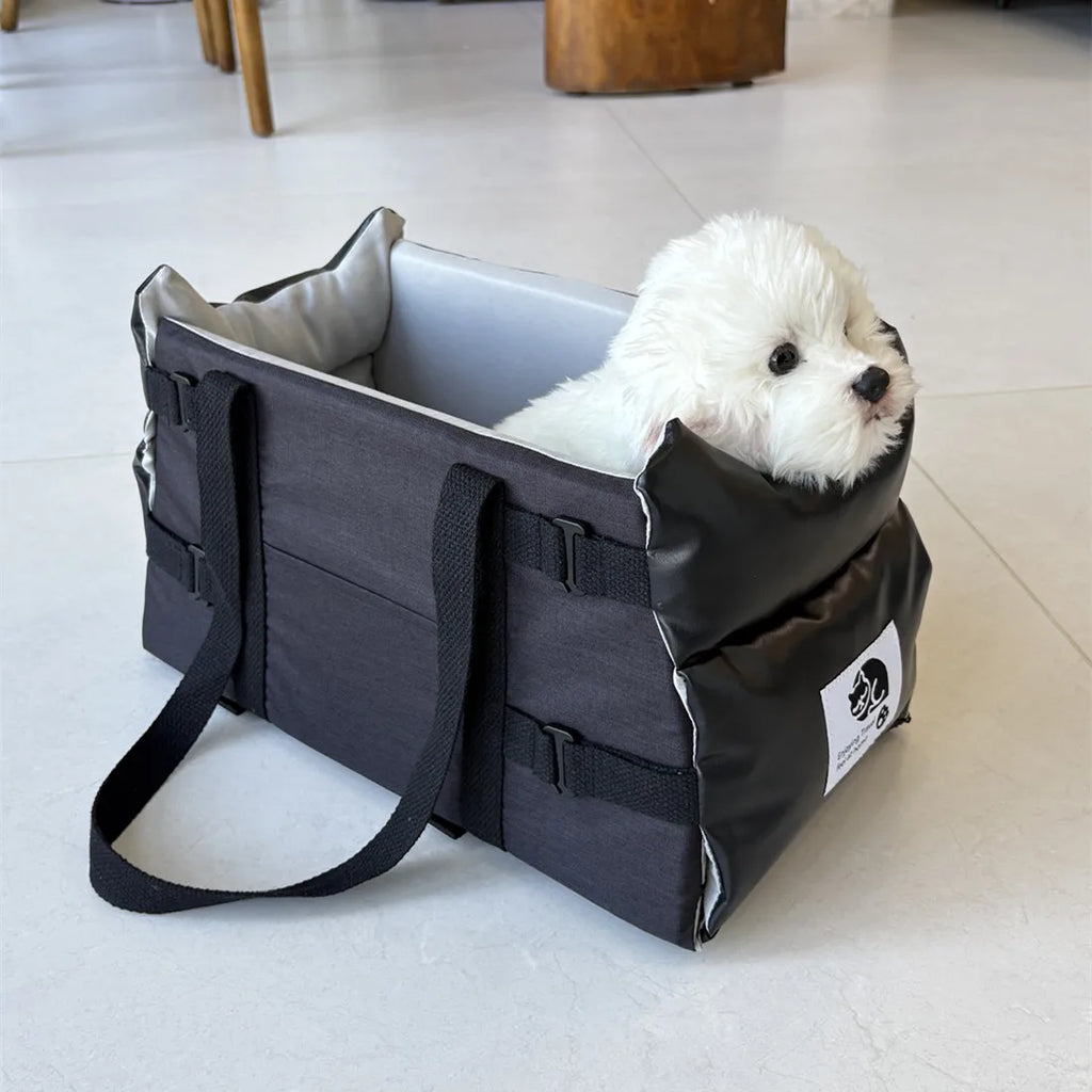 Showlu Fashion leather pet car seat for small dogs, portable travel bed with cozy interior and secure straps in the car.