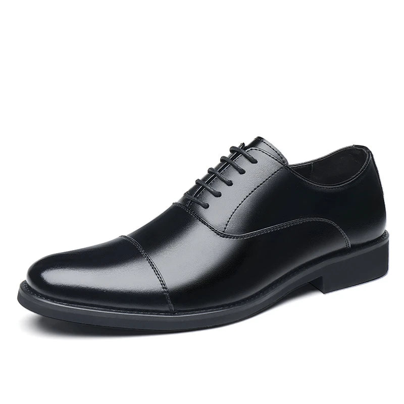 Men's black genuine leather dress shoes with cap toe, lace-up design, suitable for office, formal, wedding, and daily wear.