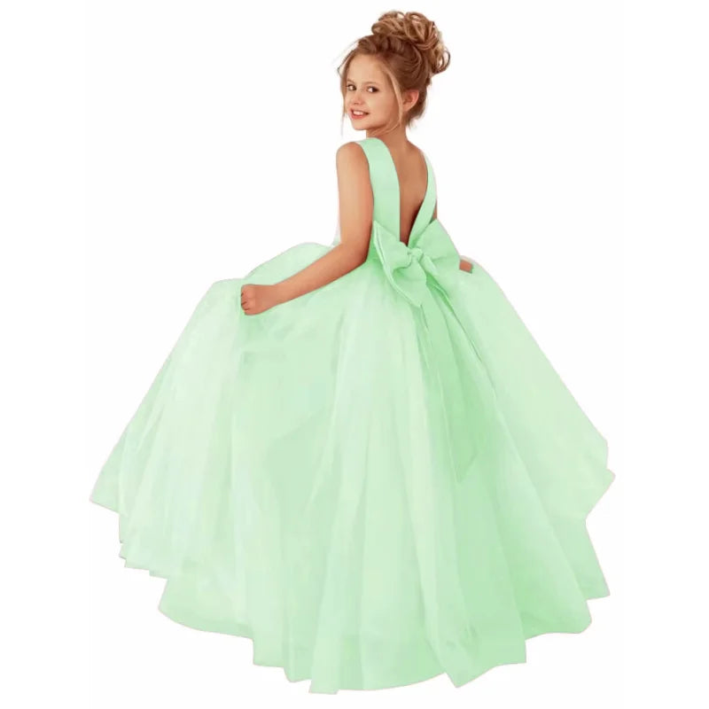 Dusty pink flower girl dress with pearl belt, elegant ball gown style by Showlu Fashion Store for weddings.