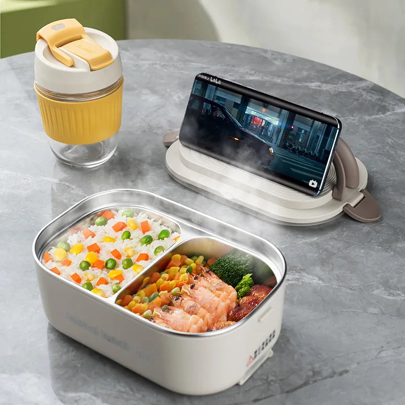 Electric stainless steel lunch box with 220V/110V heating, 1L capacity, EU and US plugs, ideal for school or office use.