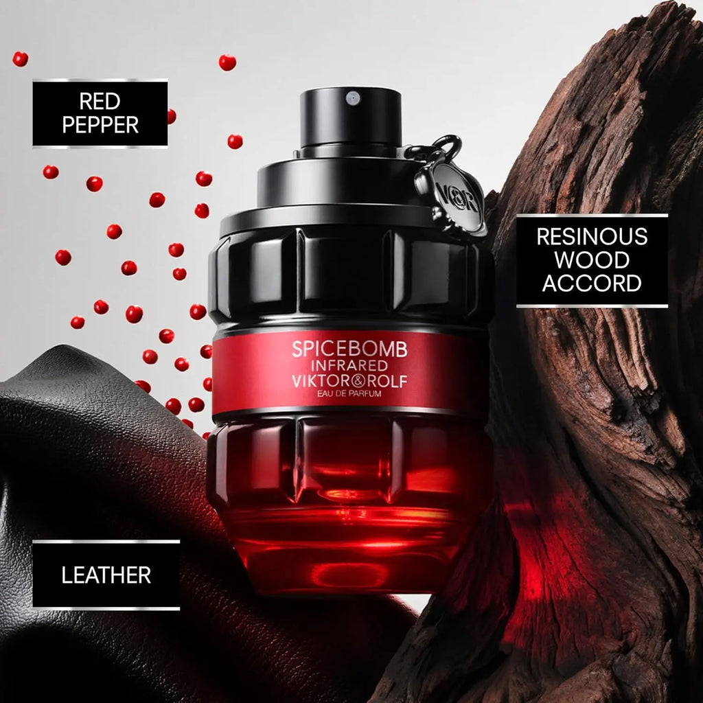 Viktor&Rolf Spicebomb Infrared Eau de Parfum bottle, woody and spicy men's cologne with fiery orange and black packaging.