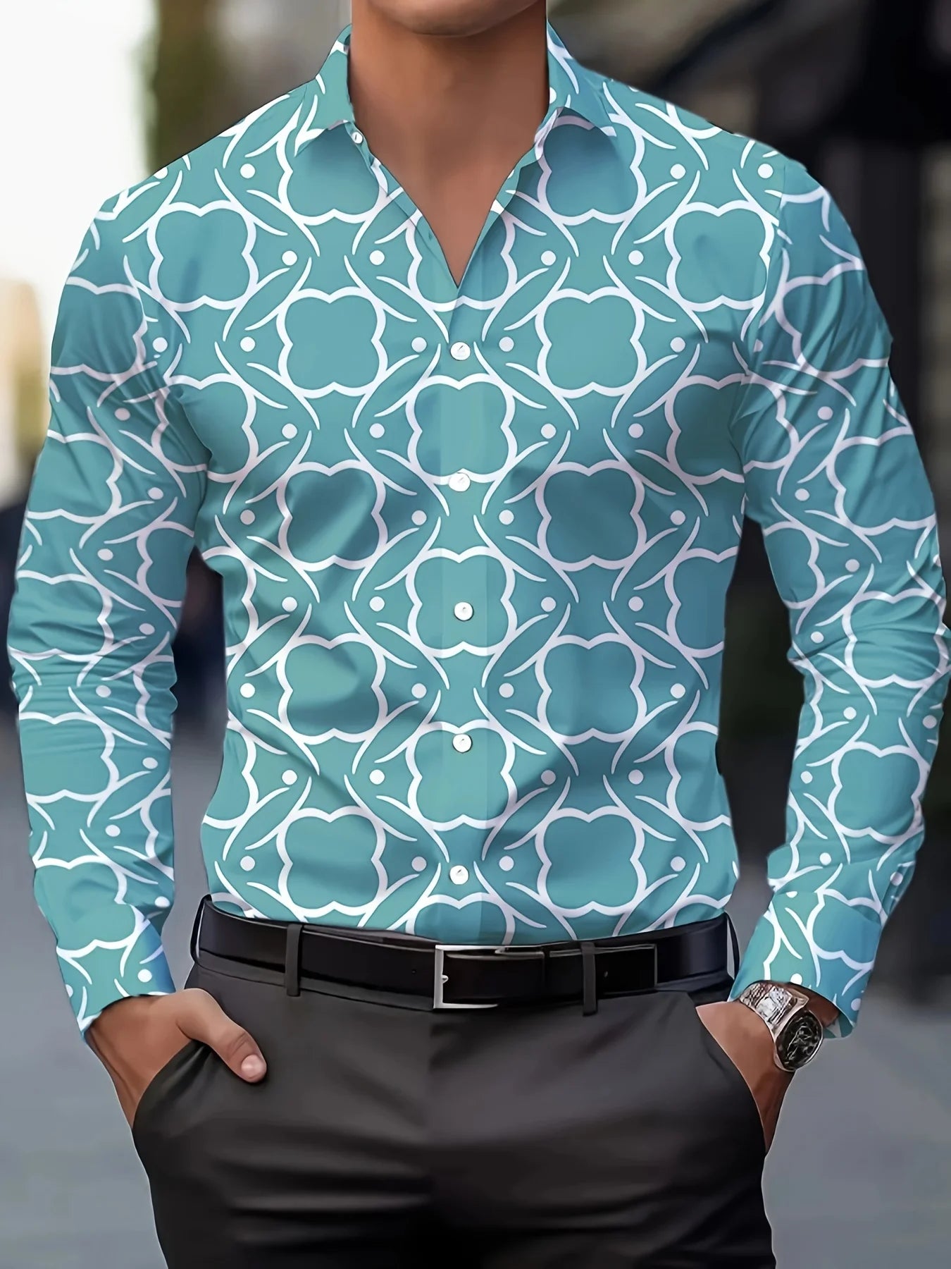 Men's stylish casual long sleeve shirt with breathable fabric, gradient design, turn-down collar, perfect for business or casual wear.