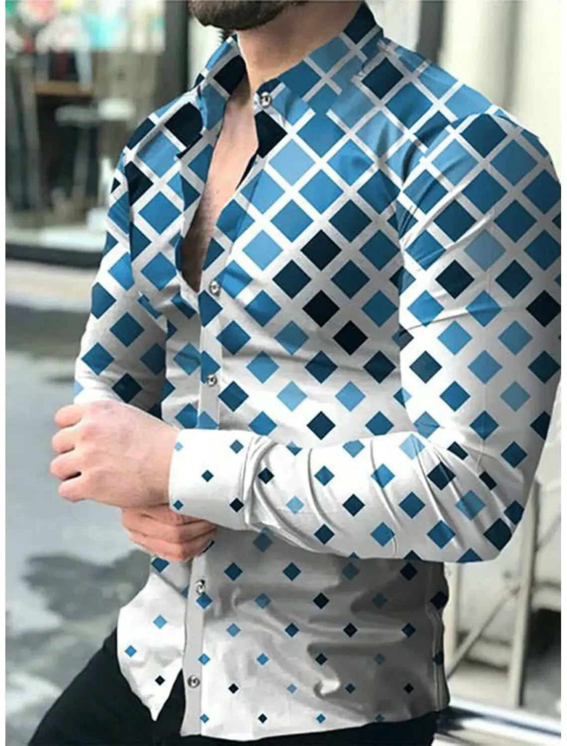 Men's plaid and striped graphic print long sleeve button-down shirt with turndown collar, outdoor streetwear style by Showlu Fashion.