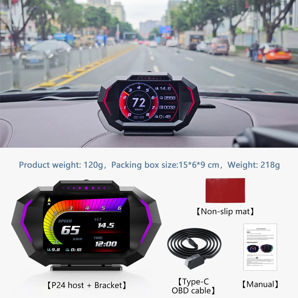 Showlu P24 Car HUD display showing speed, inclinometer, and OBD2 connection on a vehicle dashboard.
