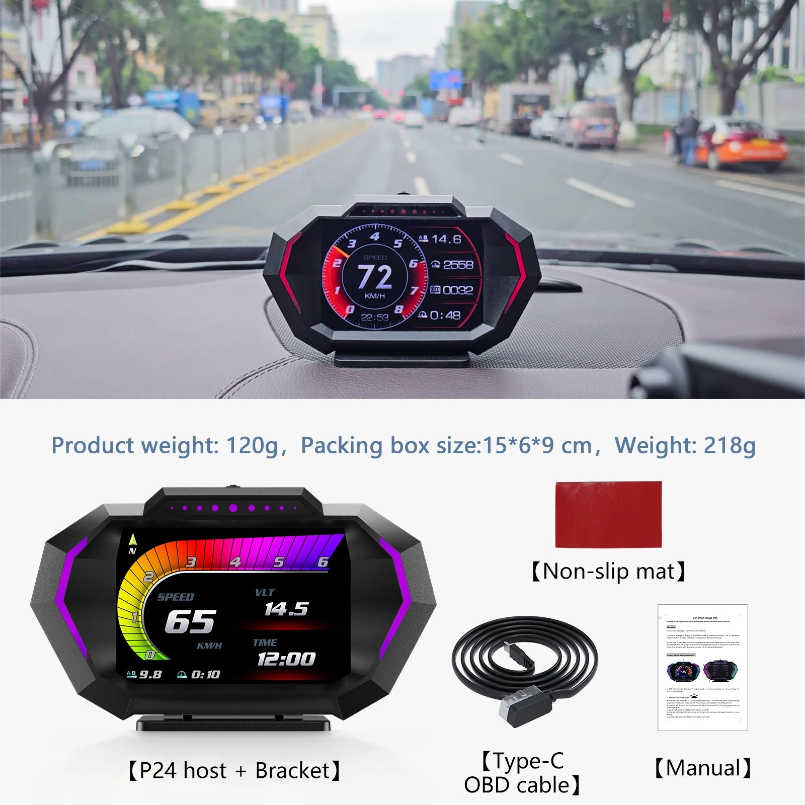 Showlu P24 Car HUD display showing speed, inclinometer, and OBD2 connection on a vehicle dashboard.