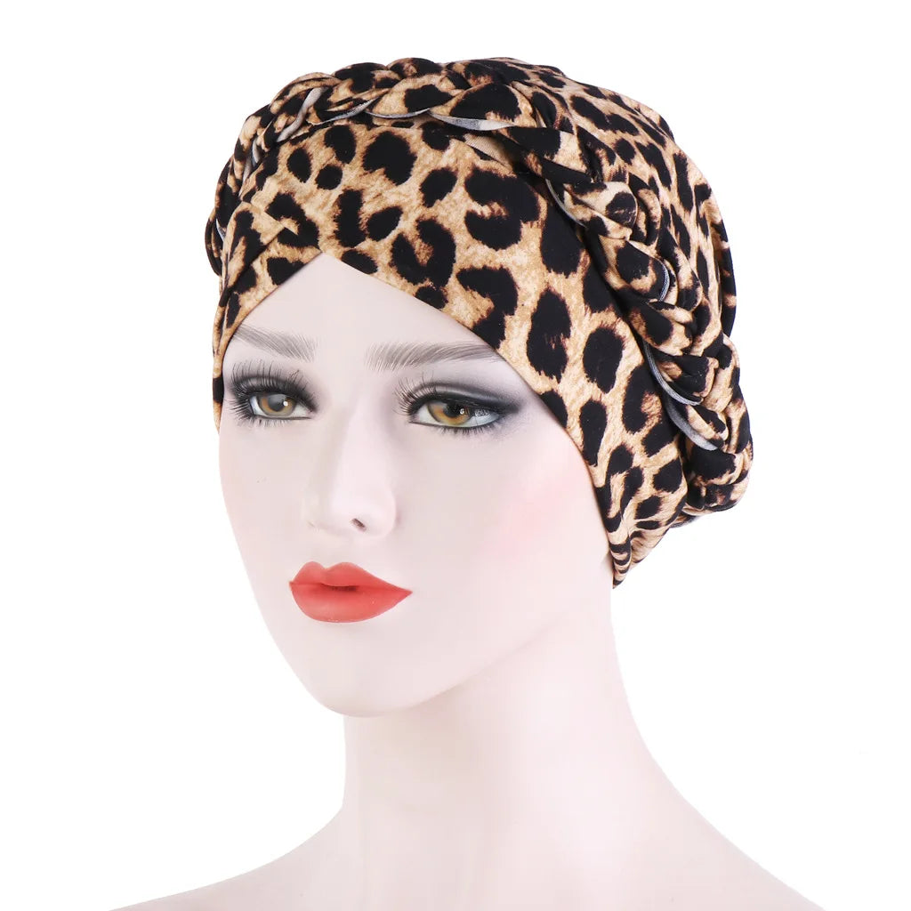 European and American print leopard hair milk silk scarf hat with flower, short braid style, ideal for women’s hijab and Muslim fashion.