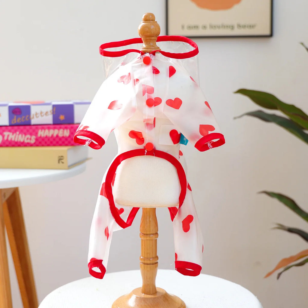Red Showlu Love Dog Raincoat waterproof puppy hoodie pet jumpsuit, stylish and protective for small dogs in rainy weather.