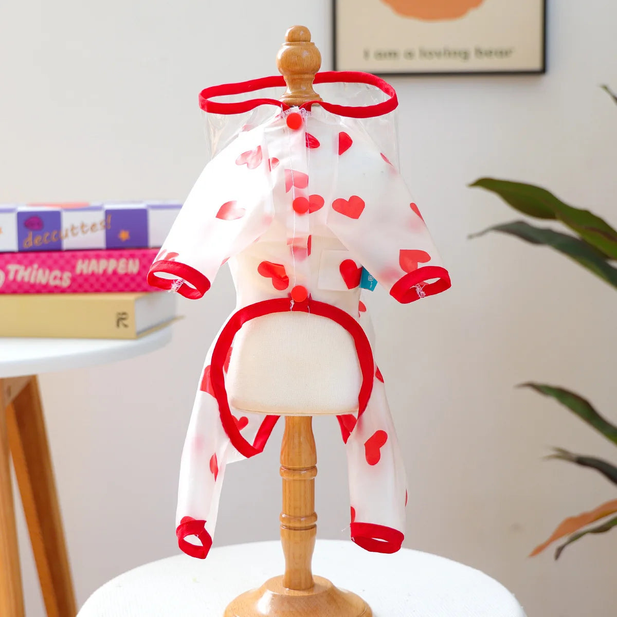 Red Showlu Love Dog Raincoat waterproof puppy hoodie pet jumpsuit, stylish and protective for small dogs in rainy weather.
