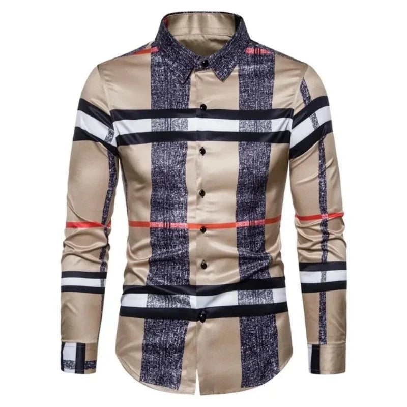 Showlu men's retro plaid long sleeve shirt with floral pattern, casual dress top in a stylish design, front view.