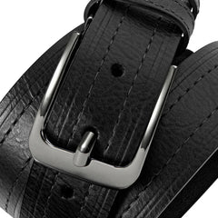A black textured leather belt for men featuring a polished silver metal pin buckle.