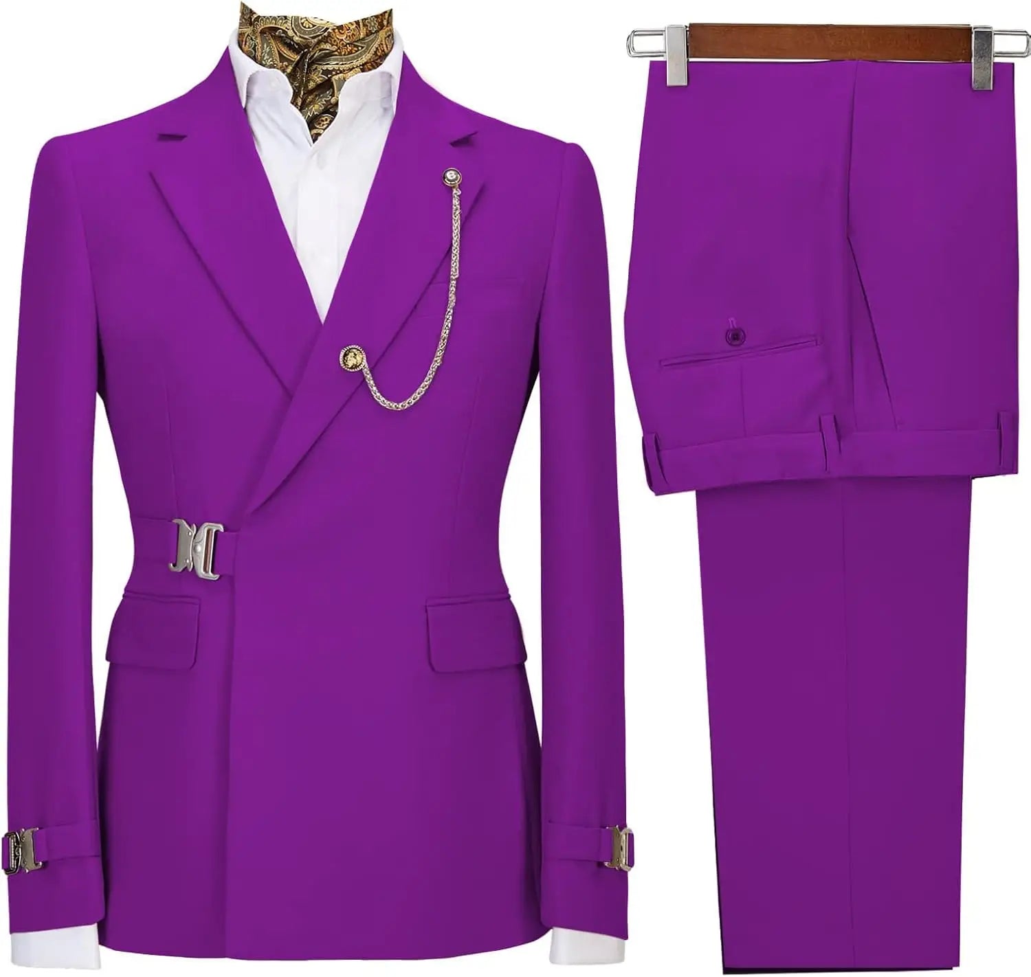 Men's slim fit 2-piece suit with metal clasp, stylish business casual tuxedo in dark fabric, displayed on hanger.