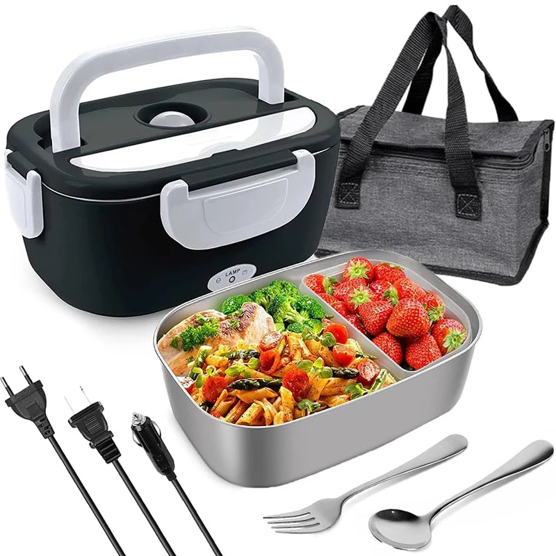 Showlu Fashion Store electric lunch box with stainless steel container, 220V/110V/12V/24V car and office food heater in black.