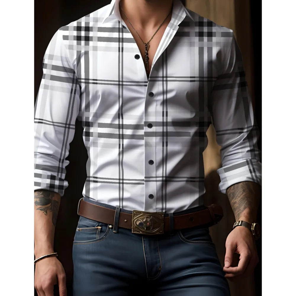 Men's check print spring and autumn button-down shirt by Showlu Fashion, long sleeve, oversized streetwear with flip lapel.