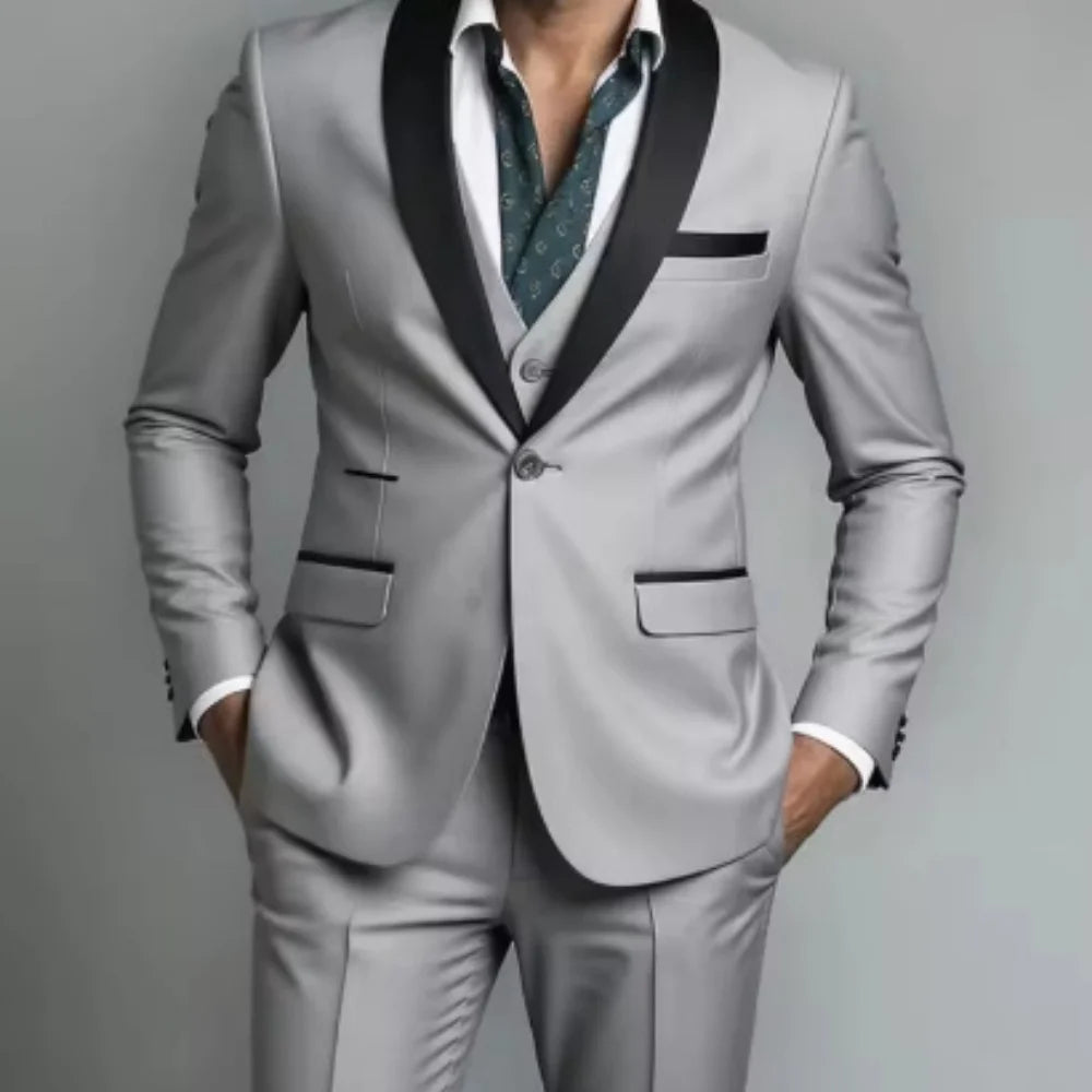Men's Black White Slim Fit Three Piece Suit Set Large Size Autumn Wedding Party Blazer Coat Pants Vest Fashion Male Outfit