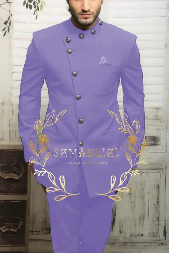 Navy blue Indian design men's suit by Showlu Fashion, slim fit formal blazer and trousers for wedding or business occasions.