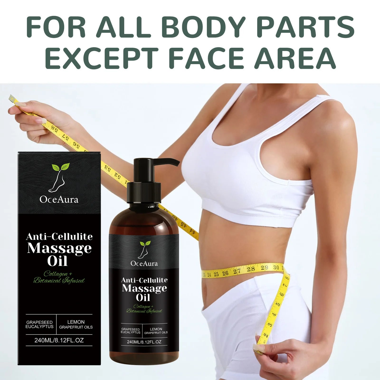 OceAura anti-cellulite massage oil bottle with a clear label, shown on a neutral background, emphasizing firming and skin tightening benefits.