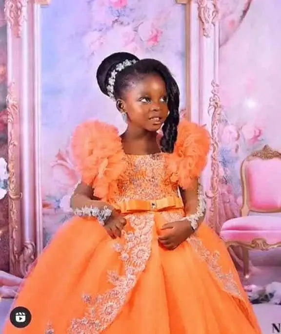 Peach pink lace appliqued baby girl birthday party gown with tulle skirt and floral details, by 1170uf-he.