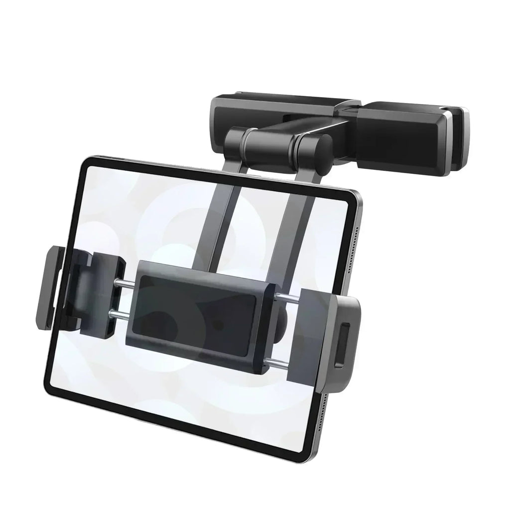 Showlu Smart General car headrest tablet holder mounted on headrest, holding a tablet securely for passenger use.