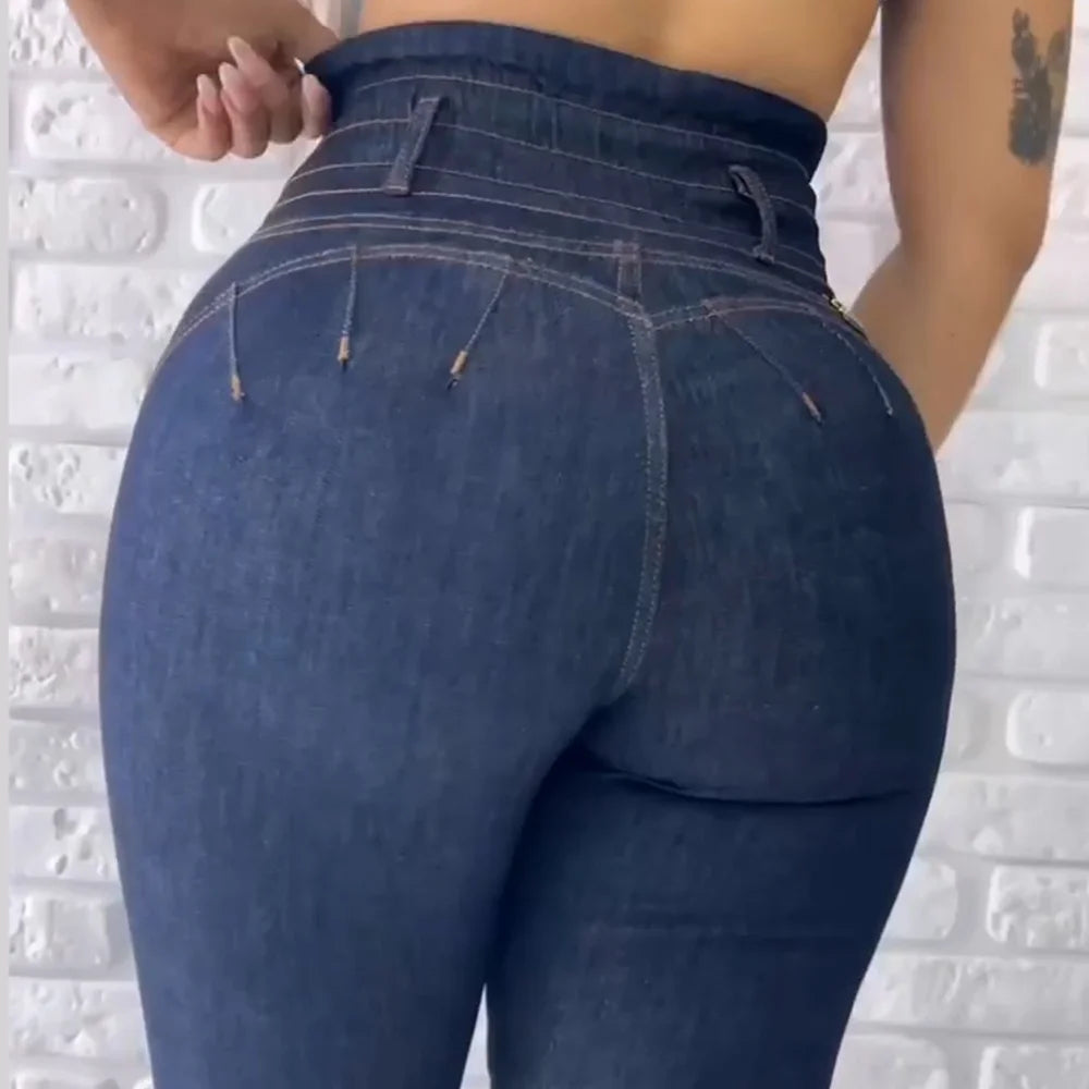 Women Fold Design Demin Pants Girls Streetwear Sexy Pencil Jeans High Waist Trousers 2023 European Fashion Skinny Pants Zipper
