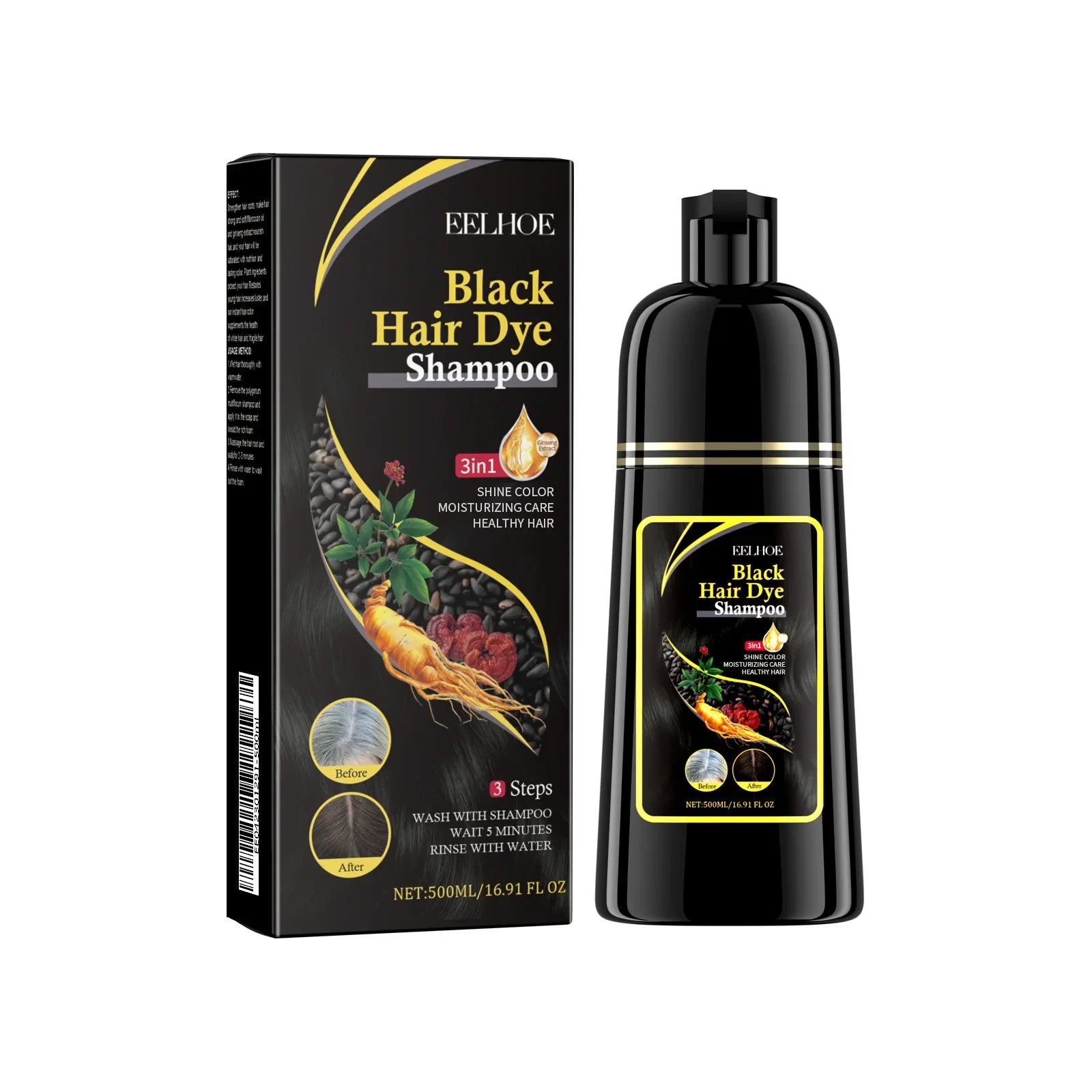 EELHOE 3-in-1 black hair dye shampoo by SHOWLU FASHION STORE with herbal formula for natural grey hair coverage.