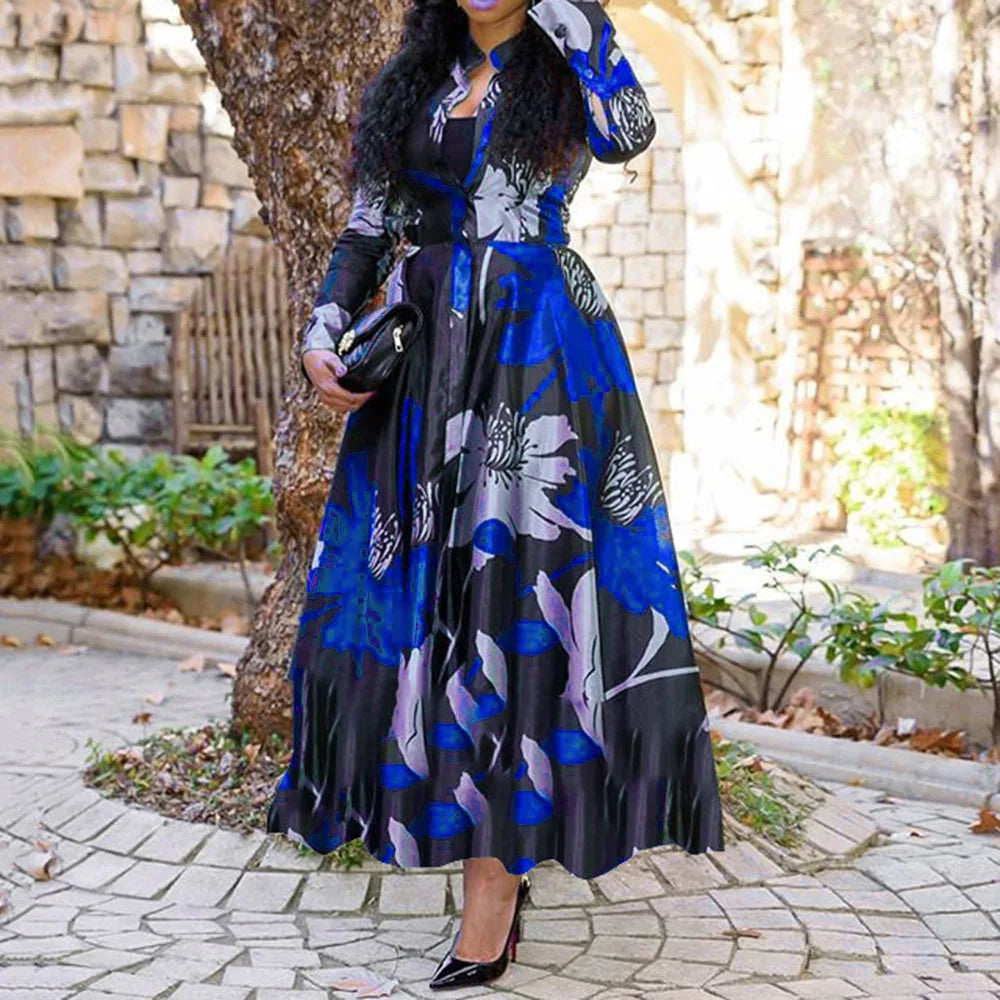 SHOWLU FASHION retro print maxi dress with slim V-neck, long sleeves, and A-line silhouette, perfect for stylish casual wear.