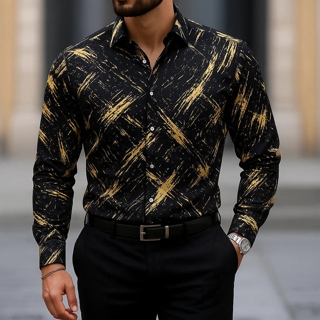 Showlu Men's slim fit button-down shirt with linear stripe textured pattern, showcasing the stylish and modern design.