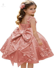 3D Floral with Bow Luxury Flower Girl Dress Wedding Thin Strap Backless Knee-Length Kid Pageant Party Birthday Event Dress