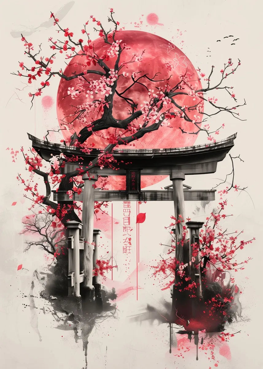 Japanese landscape art poster featuring samurai, geisha, bonsai, torii gate, sakura trees, wall print for home decor.