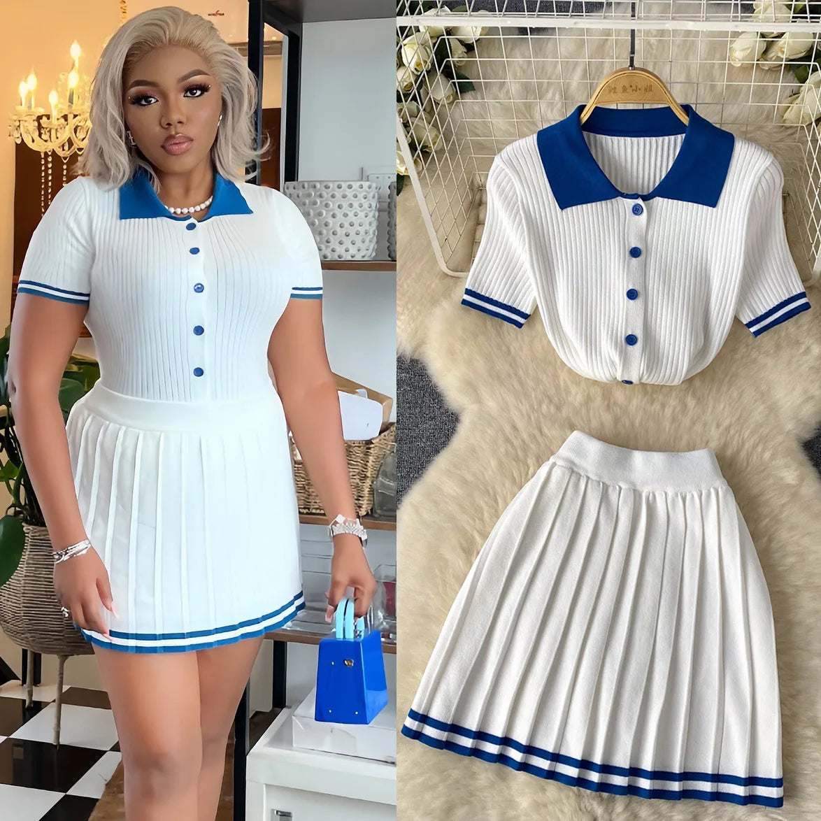 SHOWLU FASHION STORE women's two-piece mini skirt set with polo knit top and pleated skirt, casual and stylish outfit.