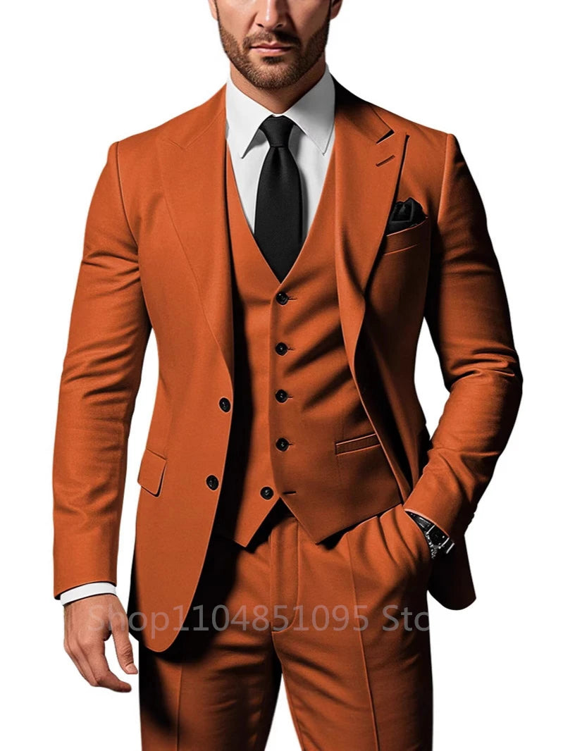 Solid wedding men's suit set with peak lapel tuxedo jacket, pants, and vest, perfect for formal occasions and prom events.