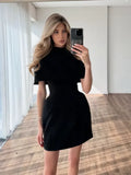 Showlu Fashion Women's solid shawl mini dress with high collar, A-line silhouette, perfect for parties, in a chic, elegant design.