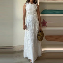 Elegant Lace Embroidery Vacation Long Dress Women Fashion O-neck Hight Waist Solid Party Dress Casual Sleeveless Holiday Dresses