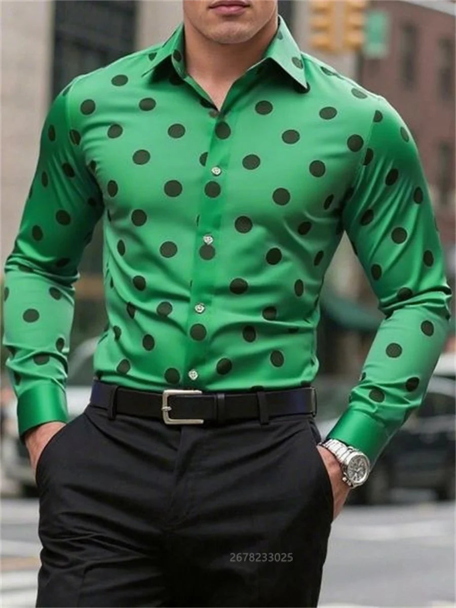 Men's long sleeve casual shirt with spotted lapel, button closure, breathable fabric, stylish outdoor fashion by Showlu Fashion Store